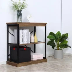 HOMCOM 2-Tier Shelf, Modern Style Bookshelf With Metal Frame For Living Room, Bedroom, And Office, Brown