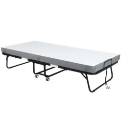HOMCOM Folding Bed With 4" Mattress, Portable Foldable Guest Bed With Sturdy Metal Frame And Wheels, White -Homcom GUEST 7212bccd 8c9a 4534 963f c5f20ee058c8