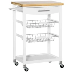 HOMCOM 3-Tier Utility Kitchen Cart With Handle Bar, Steel Basket Rolling Cart, Food Storage Service Trolley With Drawer, Rubber Wood Top -Homcom GUEST 72987e9b 4ba8 44e4 b2d9 298c334a1f01