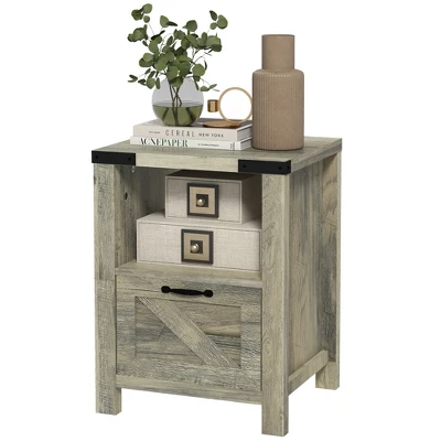 HOMCOM Farmhouse Side Table With 1 Drawer, 1 Open Shelf And Tabletop For Living Room, Gray Oak 5 HOMCOM Farmhouse Side Table With 1 Drawer, 1 Open Shelf And Tabletop For Living Room, Gray Oak - Image 3