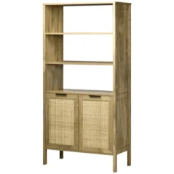 HOMCOM Bookshelf, Storage Cabinet With 3 Open Shelves And Natural Rattan Decor, Bookcase For Living Room, Study, Bedroom -Homcom GUEST 732e8dc1 d40b 41b3 8b65 fddbf2d8029c