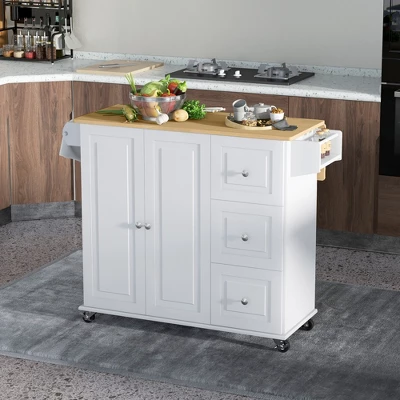 HOMCOM Kitchen Island With Drop Leaf, Rolling Kitchen Cart On Wheels With 3 Drawers, Cabinet, Natural Wood Top, Spice Rack And Towel Rack, White 3 HOMCOM Kitchen Island With Drop Leaf, Rolling Kitchen Cart On Wheels With 3 Drawers, Cabinet, Natural Wood Top, Spice Rack And Towel Rack, White