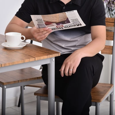 HOMCOM Modern 5-Piece Wooden Counter Dining Kitchen Table Set, 1 Table 4 Chairs Metal Legs, Suitable For Outdoors, Brown 7 HOMCOM Modern 5-Piece Wooden Counter Dining Kitchen Table Set, 1 Table 4 Chairs Metal Legs, Suitable For Outdoors, Brown - Image 5