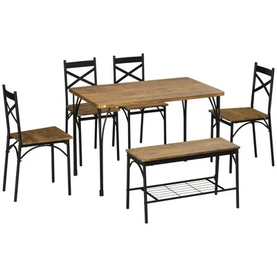 HOMCOM Industrial Dining Table Set For 6 People, 6 Piece Kitchen Table And Chairs Set, Dinner Table With Bench, Steel Frame And Storage Shelf 5 HOMCOM Industrial Dining Table Set For 6 People, 6 Piece Kitchen Table And Chairs Set, Dinner Table With Bench, Steel Frame And Storage Shelf - Image 3