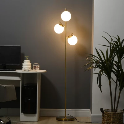 HOMCOM 3-Light Modern Floor Lamp For Living Room Bright Lighting, Tree Standing Lamp For Bedroom With Globe Lampshades, Gold 4 HOMCOM 3-Light Modern Floor Lamp For Living Room Bright Lighting, Tree Standing Lamp For Bedroom With Globe Lampshades, Gold - Image 2