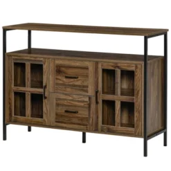 HOMCOM Rustic Kitchen Sideboard, Serving Buffet Storage Cabinet With Adjustable Shelves, Glass Doors, And 2 Drawers For Living Room -Homcom GUEST 78279ea9 0b54 4dd2 8597 27fe634454c6