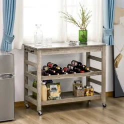 HOMCOM Rolling Kitchen Cart With Stainless Steel Countertop, 1 Bottom Shelf, 1 Slotted Middle Shelf And 4 Castor Wheels, Gray