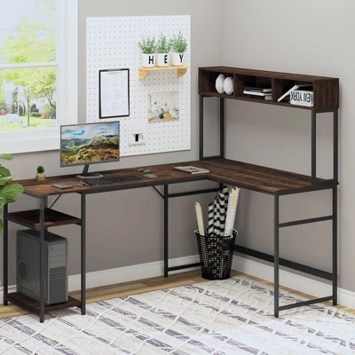 HOMCOM L-Shaped Home Office Desk With Bottom Tower Shelf, 3 Cube Shelves, Computer Writing Desk With Metal Frame, Walnut Brown 4 HOMCOM L-Shaped Home Office Desk With Bottom Tower Shelf, 3 Cube Shelves, Computer Writing Desk With Metal Frame, Walnut Brown - Image 2