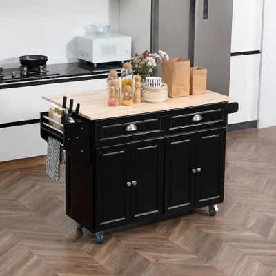 HOMCOM Rolling Kitchen Island On Wheels, Kitchen Cart With Solid Wood Drop Leaf Breakfast Bar, Storage Drawers, 4-Door Cabinets, Spice Rack, Black 3 HOMCOM Rolling Kitchen Island On Wheels, Kitchen Cart With Solid Wood Drop Leaf Breakfast Bar, Storage Drawers, 4-Door Cabinets, Spice Rack, Black