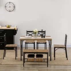 HOMCOM Industrial Dining Table Set For 6 People, 6 Piece Kitchen Table And Chairs Set, Dinner Table With Bench, Steel Frame And Storage Shelf