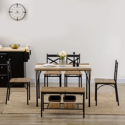 HOMCOM Industrial Dining Table Set For 6 People, 6 Piece Kitchen Table And Chairs Set, Dinner Table With Bench, Steel Frame And Storage Shelf 3 HOMCOM Industrial Dining Table Set For 6 People, 6 Piece Kitchen Table And Chairs Set, Dinner Table With Bench, Steel Frame And Storage Shelf