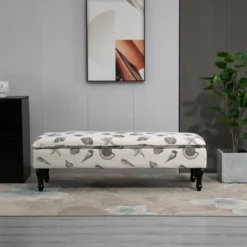 HOMCOM Linen-Touch Upholstered Fabric Ottoman Bench Bed Stool For Bedroom, Entryway, Living Room