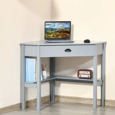 HOMCOM Corner Desk, Triangle Computer Desk With Drawer And Storage Shelves For Small Spaces, Home Office Workstation For Living Room, Or Bedroom, Gray 3 HOMCOM Corner Desk, Triangle Computer Desk With Drawer And Storage Shelves For Small Spaces, Home Office Workstation For Living Room, Or Bedroom, Gray