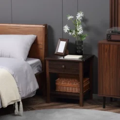 HOMCOM End Table With Drawer, Side Table With Top And Bottom Shelf For Small Spaces, Set Of 2, Dark Brown