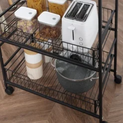 HOMCOM 24" 3-Tier Rolling Kitchen Cart, Utility Storage Trolley With 2 Basket Drawers, Side Hooks For Dining Room -Homcom GUEST 83076d70 f706 4e3b a91e 0647292ee96a