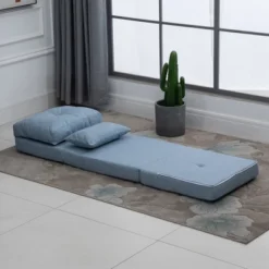 HOMCOM Convertible Flip Chair, Floor Lazy Sofa, Folding Upholstered Couch Bed With Adjustable Backrest, Metal Frame And Pillows For Living Room, Blue