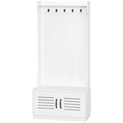 HOMCOM Modern Hall Tree, Entryway Coat Rack With Shoe Bench, 5 Hooks, Storage Shelf And Slatted Door Cabinet For Hallway, White -Homcom GUEST 857cb9c6 e3d2 4107 a026 31cb40596ba2