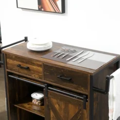 HOMCOM Rustic Farmhouse Kitchen Cart, Rolling Storage Island With Adjustable Shelf, Two Drawers, Sliding Barn Door Cabinet And Towel Rack -Homcom GUEST 8690357e 5839 4439 926c a2d45223a22d