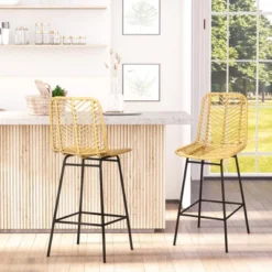 HOMCOM Modern Rattan Bar Stools Set Of 4, Breathable Steel-Base Wicker Counter Height Barstools For Kitchen Counter, Yellow -Homcom GUEST 880330b1 ba18 44bc a6ac cabaf67635ae 1
