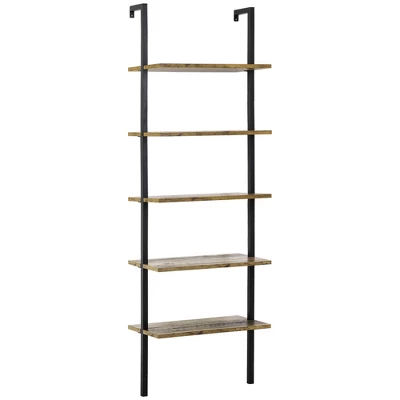 HOMCOM Industrial 5 Tier Ladder Shelf, Wall Mount Storage Shelves Bookcase With Metal Frame, Corner Unit, Plant Flower Rack For Living Room, Balcony, Brown 5 HOMCOM Industrial 5 Tier Ladder Shelf, Wall Mount Storage Shelves Bookcase With Metal Frame, Corner Unit, Plant Flower Rack For Living Room, Balcony, Brown - Image 3