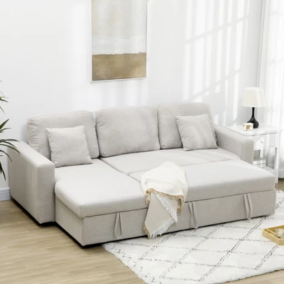 HOMCOM Sectional Sleeper Sofa, Linen Fabric L Shaped Couch With Pull Out Bed, Reversible Storage Chaise For Living Room, Apartment, 3-seat, Beige 4 HOMCOM Sectional Sleeper Sofa, Linen Fabric L Shaped Couch With Pull Out Bed, Reversible Storage Chaise For Living Room, Apartment, 3-seat, Beige - Image 2
