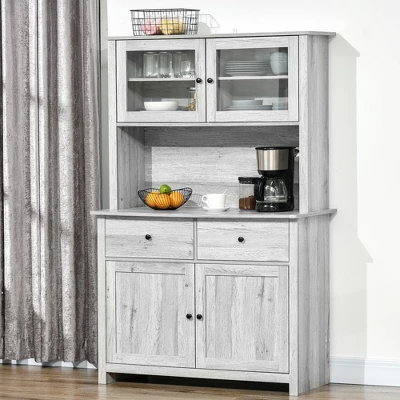 HOMCOM 63.5" Kitchen Buffet With Hutch, Pantry Storage Cabinet With 4 Shelves, Drawers, Framed Glass Doors, Open Microwave Countertop, Ash Gray 3 HOMCOM 63.5" Kitchen Buffet With Hutch, Pantry Storage Cabinet With 4 Shelves, Drawers, Framed Glass Doors, Open Microwave Countertop, Ash Gray