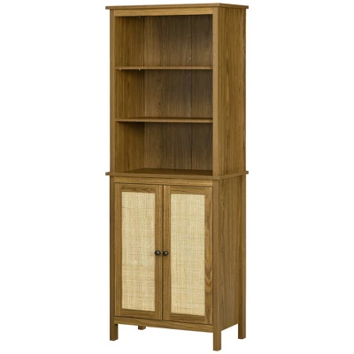 HOMCOM Rustic Bookshelf With Cabinet & Rattan, Tall Bookshelf Library, Wooden Bookcase With Doors And Shelves, Study Living Room Home Office, Walnut 5 HOMCOM Rustic Bookshelf With Cabinet & Rattan, Tall Bookshelf Library, Wooden Bookcase With Doors And Shelves, Study Living Room Home Office, Walnut - Image 3