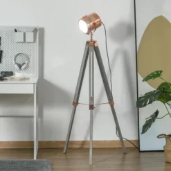 HOMCOM Vintage Tripod Floor Lamp, Height Adjustable Nautical Spotlight With Wood Legs, E12 Lamp Base For Living Room, Bedroom, Gray And Rose Gold -Homcom GUEST 963da756 6d53 43ec aed8 226585b1cc82