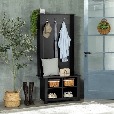 HOMCOM Hall Tree With Shoe Storage Bench, Entryway Bench With Coat Rack, Accent Coat Tree With Adjustable Shelves For Hallway, Mud Room, Black 4 HOMCOM Hall Tree With Shoe Storage Bench, Entryway Bench With Coat Rack, Accent Coat Tree With Adjustable Shelves For Hallway, Mud Room, Black - Image 2