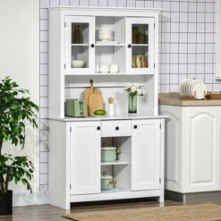 HOMCOM Freestanding Rustic Buffet With Hutch, 4 Doors Farmhouse Kitchen Pantry Cabinet, Microwave Stand With Beadboard Panel, Drawer, White
