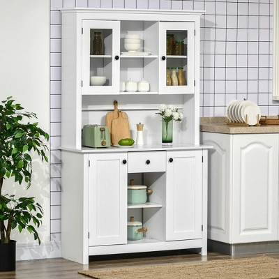 HOMCOM Freestanding Rustic Buffet With Hutch, 4 Doors Farmhouse Kitchen Pantry Cabinet, Microwave Stand With Beadboard Panel, Drawer, White 3 HOMCOM Freestanding Rustic Buffet With Hutch, 4 Doors Farmhouse Kitchen Pantry Cabinet, Microwave Stand With Beadboard Panel, Drawer, White