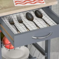 HOMCOM 32.25" Wooden Rolling Kitchen Storage Cart, Kitchen Island With Storage Drawer And Baskets On 360° Swivel Wheels -Homcom GUEST 98996e3a eb46 4f22 8f57 7aa9eceaaa36