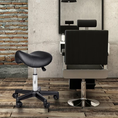 HOMCOM Rolling Saddle Stool, Swivel Salon Chair, Ergonomic Faux Leather Stool, Adjustable Height With Wheels For Spa, Salon, Massage, Office, Black 3 HOMCOM Rolling Saddle Stool, Swivel Salon Chair, Ergonomic Faux Leather Stool, Adjustable Height With Wheels For Spa, Salon, Massage, Office, Black