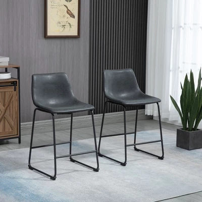 HOMCOM Counter Height Bar Stools Set Of 2, Vintage PU Leather Barstools With Footrest For Dining Room, Home Bar, Kitchen, Black 3 HOMCOM Counter Height Bar Stools Set Of 2, Vintage PU Leather Barstools With Footrest For Dining Room, Home Bar, Kitchen, Black