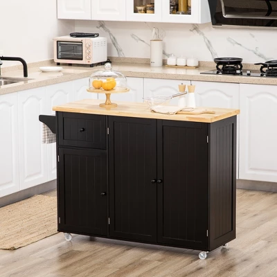 HOMCOM Triple-Cabinet Rolling Kitchen Island On Wheels, Kitchen Cart With Storage Shelf Adjustment, Rolling Utility Cart Wood, Big Drawer, Black 4 HOMCOM Triple-Cabinet Rolling Kitchen Island On Wheels, Kitchen Cart With Storage Shelf Adjustment, Rolling Utility Cart Wood, Big Drawer, Black - Image 2