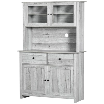 HOMCOM 63.5" Kitchen Buffet With Hutch, Pantry Storage Cabinet With 4 Shelves, Drawers, Framed Glass Doors, Open Microwave Countertop, Ash Gray 5 HOMCOM 63.5" Kitchen Buffet With Hutch, Pantry Storage Cabinet With 4 Shelves, Drawers, Framed Glass Doors, Open Microwave Countertop, Ash Gray - Image 3