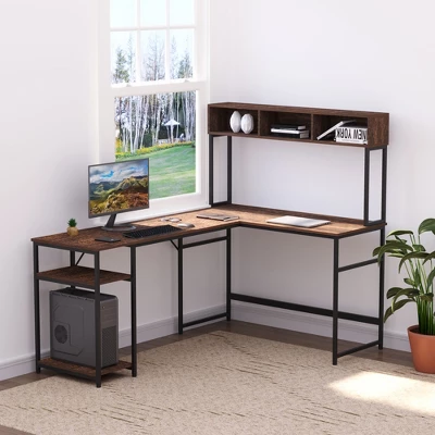 HOMCOM L-Shaped Home Office Desk With Bottom Tower Shelf, 3 Cube Shelves, Computer Writing Desk With Metal Frame, Walnut Brown 3 HOMCOM L-Shaped Home Office Desk With Bottom Tower Shelf, 3 Cube Shelves, Computer Writing Desk With Metal Frame, Walnut Brown