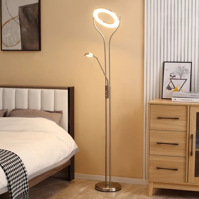 HOMCOM Modern LED 2 Light Floor Lamp, Tall Standing Lamp With Rotatable Ring Light And Height Adjustable Side Light For Living Room Or Bedroom, Silver 4 HOMCOM Modern LED 2 Light Floor Lamp, Tall Standing Lamp With Rotatable Ring Light And Height Adjustable Side Light For Living Room Or Bedroom, Silver - Image 2