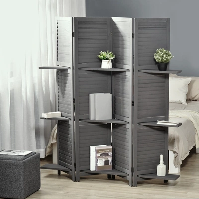 HOMCOM 4 Panel 67" Tall Wood Privacy Screen Room Divider With 3 Display Shelves, And Folding Storage For Bedroom Or Home Office, Gray 4 HOMCOM 4 Panel 67" Tall Wood Privacy Screen Room Divider With 3 Display Shelves, And Folding Storage For Bedroom Or Home Office, Gray - Image 2