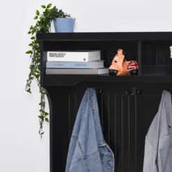 HOMCOM Hall Tree For Entryway, Coat Rack Shoe Bench With Bottom Storage, 4 Metal Double Hooks And 2 Shelves For Hallway, Living Room, Black -Homcom GUEST ab610a1e 49ce 4e28 8b70 b611c80e5f9f