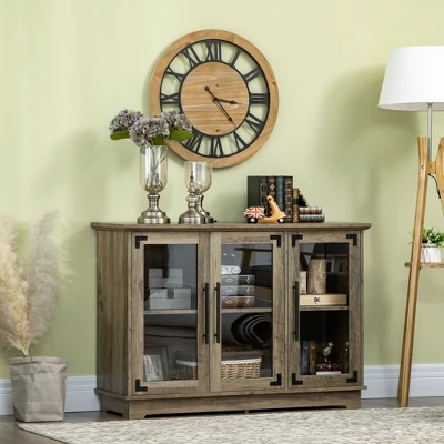 HOMCOM Farmhouse Style Buffet Cabinet, Glass Door Sideboard, Kitchen Storage Cabinet, Coffee Bar For Living Room, Distressed Grey 3 HOMCOM Farmhouse Style Buffet Cabinet, Glass Door Sideboard, Kitchen Storage Cabinet, Coffee Bar For Living Room, Distressed Grey