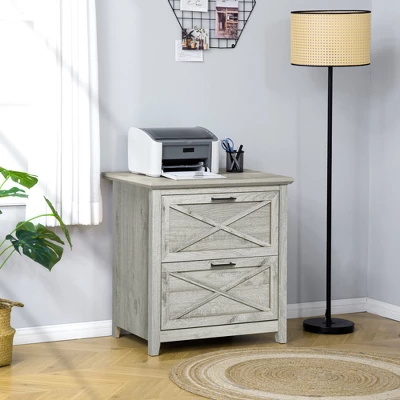 HOMCOM Retro Wooden 2-Drawer Lateral File Chest Cabinet Pedestal For Document Storage With Hanging Bar For Letter/Legal Size, Gray 4 HOMCOM Retro Wooden 2-Drawer Lateral File Chest Cabinet Pedestal For Document Storage With Hanging Bar For Letter/Legal Size, Gray - Image 2