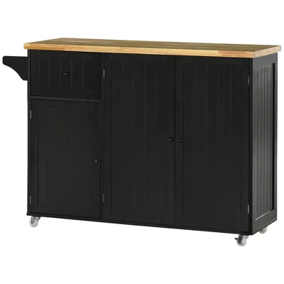 HOMCOM Triple-Cabinet Rolling Kitchen Island On Wheels, Kitchen Cart With Storage Shelf Adjustment, Rolling Utility Cart Wood, Big Drawer, Black 5 HOMCOM Triple-Cabinet Rolling Kitchen Island On Wheels, Kitchen Cart With Storage Shelf Adjustment, Rolling Utility Cart Wood, Big Drawer, Black - Image 3