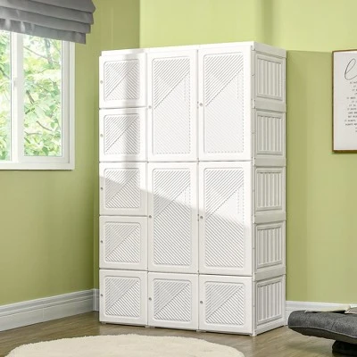 HOMCOM Portable Wardrobe Closet, Bedroom Armoire, Foldable Clothes Organizer With Cube Storage, Hanging Rods, And Magnet Doors, White 3 HOMCOM Portable Wardrobe Closet, Bedroom Armoire, Foldable Clothes Organizer With Cube Storage, Hanging Rods, And Magnet Doors, White