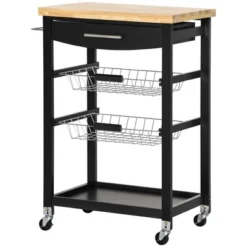 HOMCOM 3-Tier Utility Kitchen Cart With Handle Bar, Steel Basket Rolling Cart, Food Storage Service Trolley With Drawer, Rubber Wood Top, Black -Homcom GUEST b16e0633 889b 40d7 879d 6786f2edf698