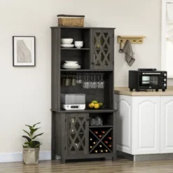 HOMCOM 72" Kitchen Pantry, Buffet With Hutch, Cupboard For Microwave, With 2 Door Cabinet, Wine Glasses Rack And 12-Bottle Wine Rack, Dark Grey -Homcom GUEST b5f9cf68 ad79 43de a172 4e2867deae22