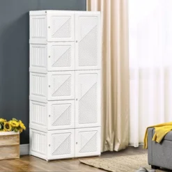 HOMCOM Portable Wardrobe Closet, Folding Bedroom Armoire, Clothes Storage Organizer With Cube Compartments, Hanging Rod, Magnet Doors, White -Homcom GUEST b79f4180 77e1 4c68 935f 730662c54ac2