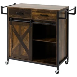 HOMCOM Rustic Farmhouse Kitchen Cart, Rolling Storage Island With Adjustable Shelf, Two Drawers, Sliding Barn Door Cabinet And Towel Rack -Homcom GUEST bcca9a52 048b 414f a59a 6932fa0ce300