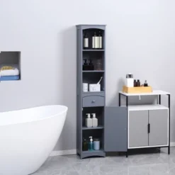 HOMCOM Bathroom Storage Cabinet, Free Standing Bath Storage Unit, Tall Linen Tower With 3-Tier Shelves And Drawer, Gray 8 HOMCOM Bathroom Storage Cabinet, Free Standing Bath Storage Unit, Tall Linen Tower With 3-Tier Shelves And Drawer, Gray -Homcom GUEST bd4f472d 5990 4000 8d65 e8ae172de034