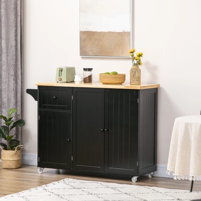 HOMCOM Triple-Cabinet Rolling Kitchen Island On Wheels, Kitchen Cart With Storage Shelf Adjustment, Rolling Utility Cart Wood, Big Drawer, Black 3 HOMCOM Triple-Cabinet Rolling Kitchen Island On Wheels, Kitchen Cart With Storage Shelf Adjustment, Rolling Utility Cart Wood, Big Drawer, Black